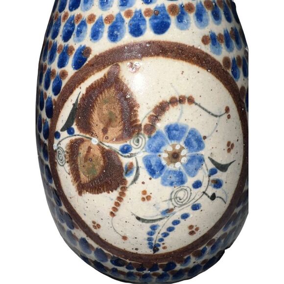 Antique Vtg Pottery Vase Mid Century Ceramic Floral Design Folk Art Decor Blue - Picture 7 of 8